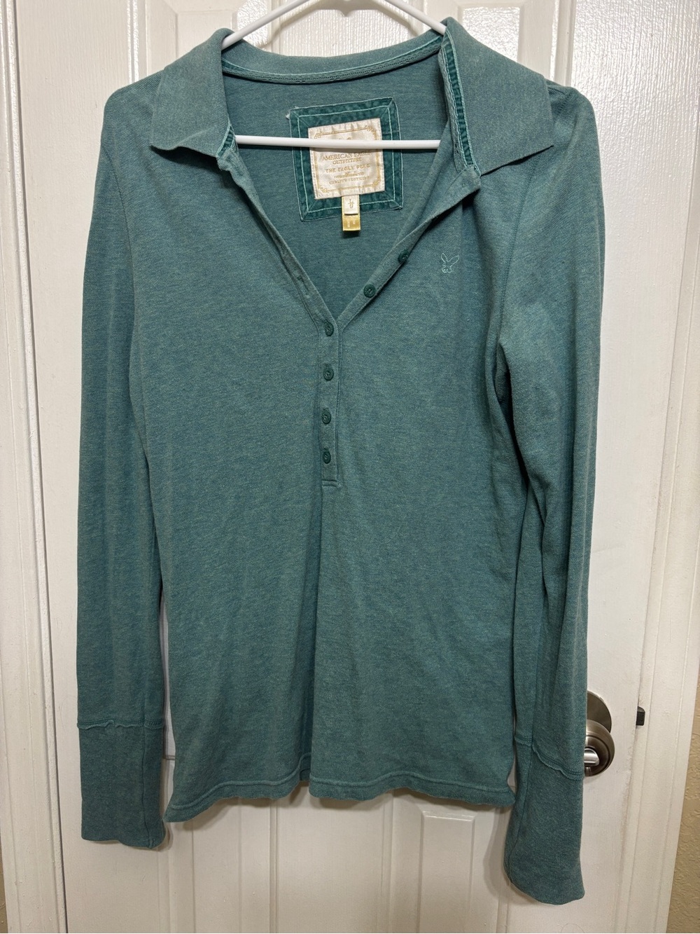American Eagle Outfitters The Eagle Polo Women’s L Blue Solid Long Sleeve Button
